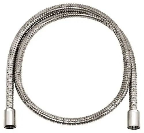 Flexibler Brauseschlauch aus Metall, geeignet für Wasserarmaturen, präsentiert von Keuco. Er verbindet zwei Komponenten und ermöglicht bewegliche Wasserführung.
